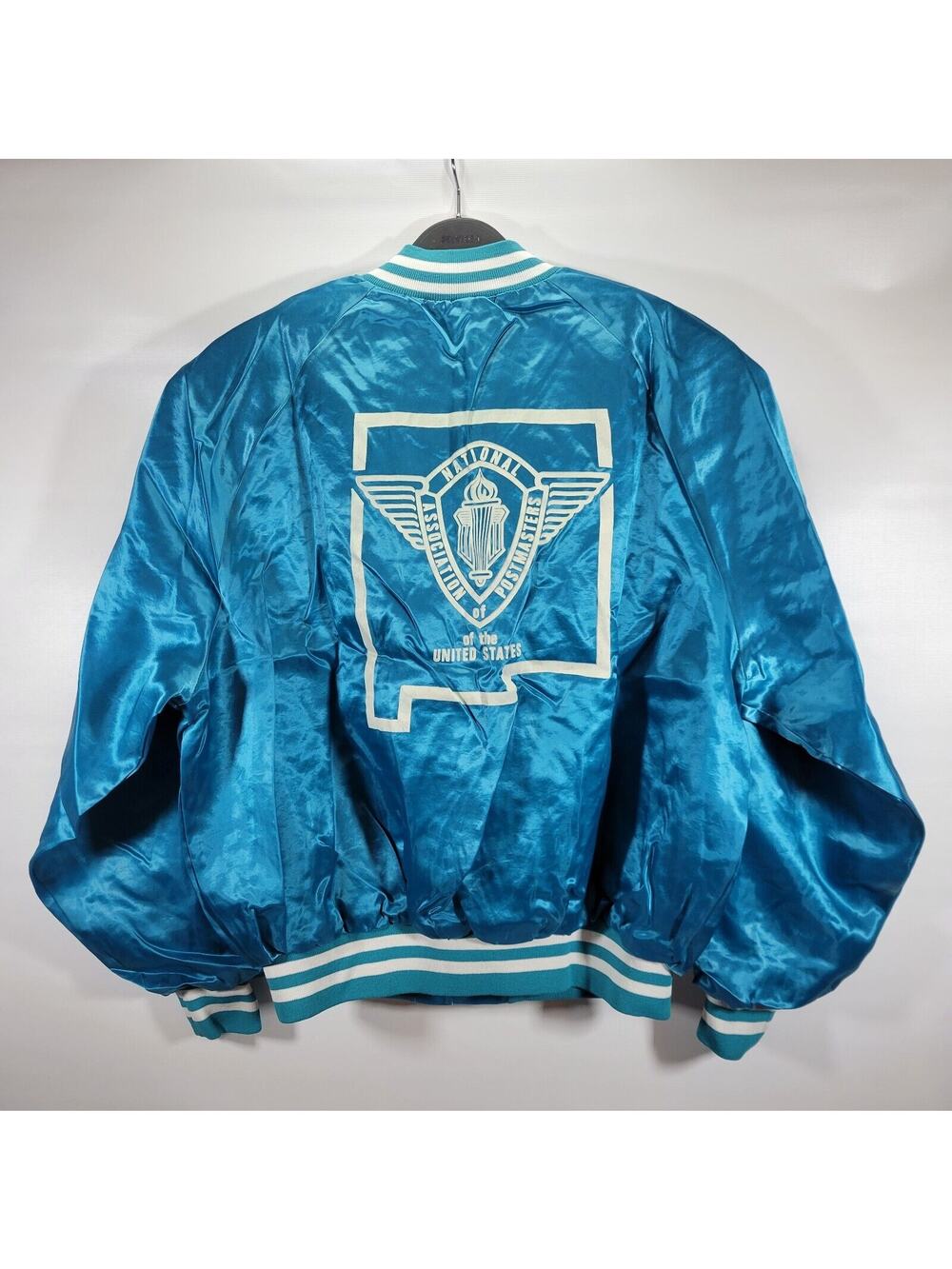 RARE VINTAGE KING LOUIE NEW MEXICO POST MASTER TEAL SATIN BOMBER JACKET SIZE XL